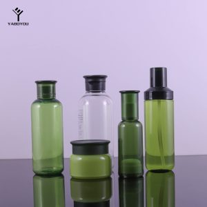 Green Toner, Lotion, And Cream Set, 50g Cream Jar, 50ml Toner And Lotion Jar, 200ml And 300ml Bottles.